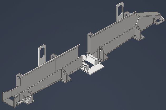 CAD isometric view of the roller trough assembly showing the two trough sections with integrated lifting lugs and the central transition piece that houses the water-cooled rolls.
