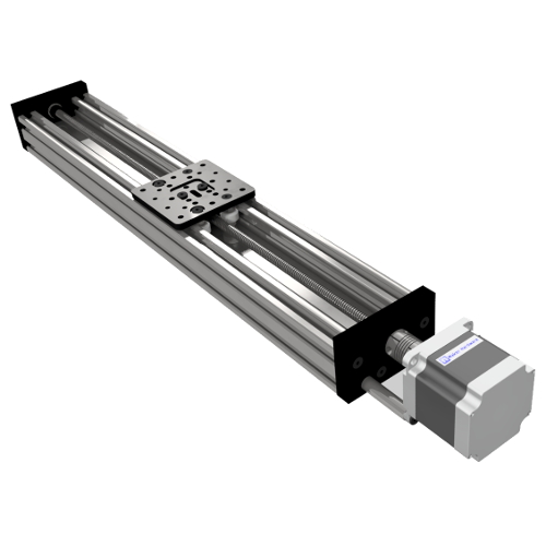 Lead-screw elevator CAD: linear rail, screw, stepper at base, mounting plate carrying the actuator.