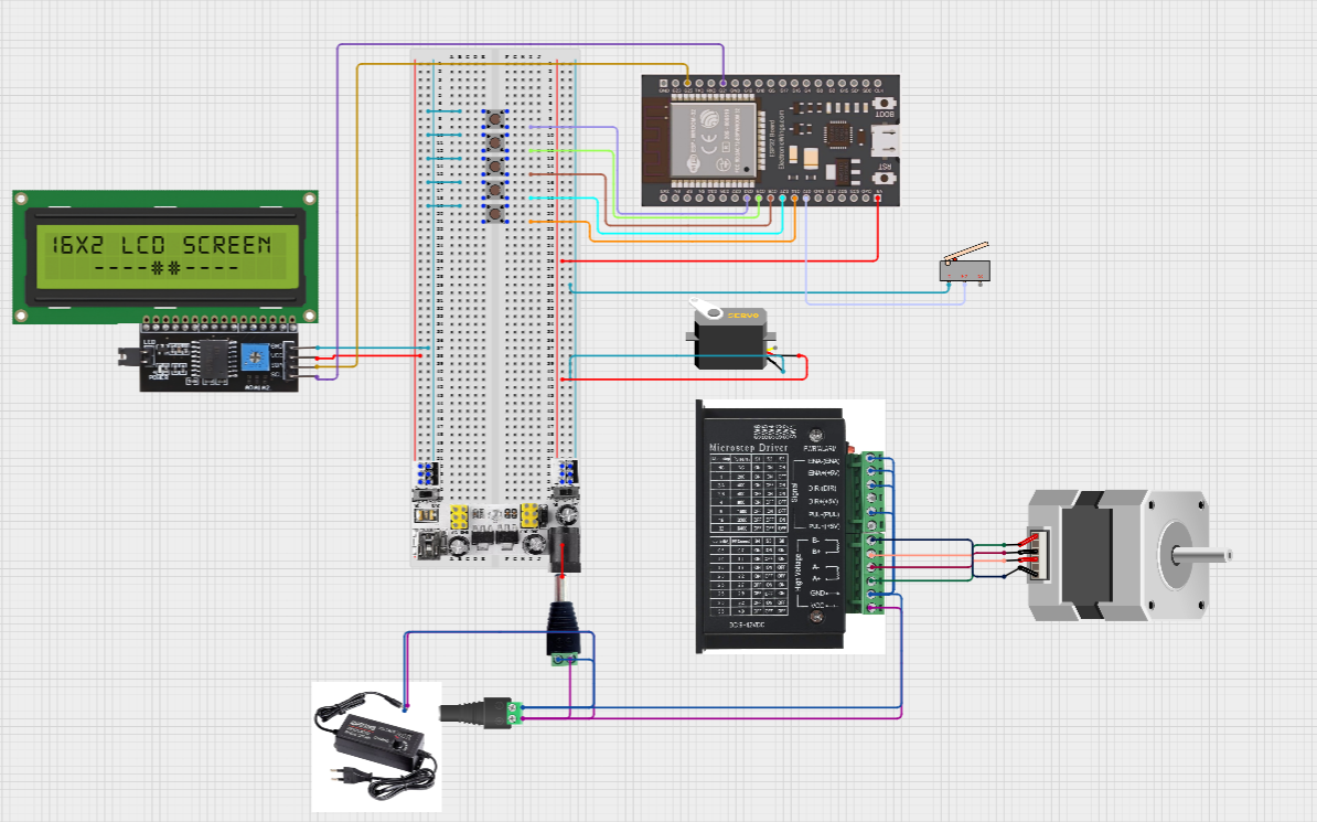 ESP32 controls schematic with stepper driver, servo, LCD, push buttons, limit switch, power supply.