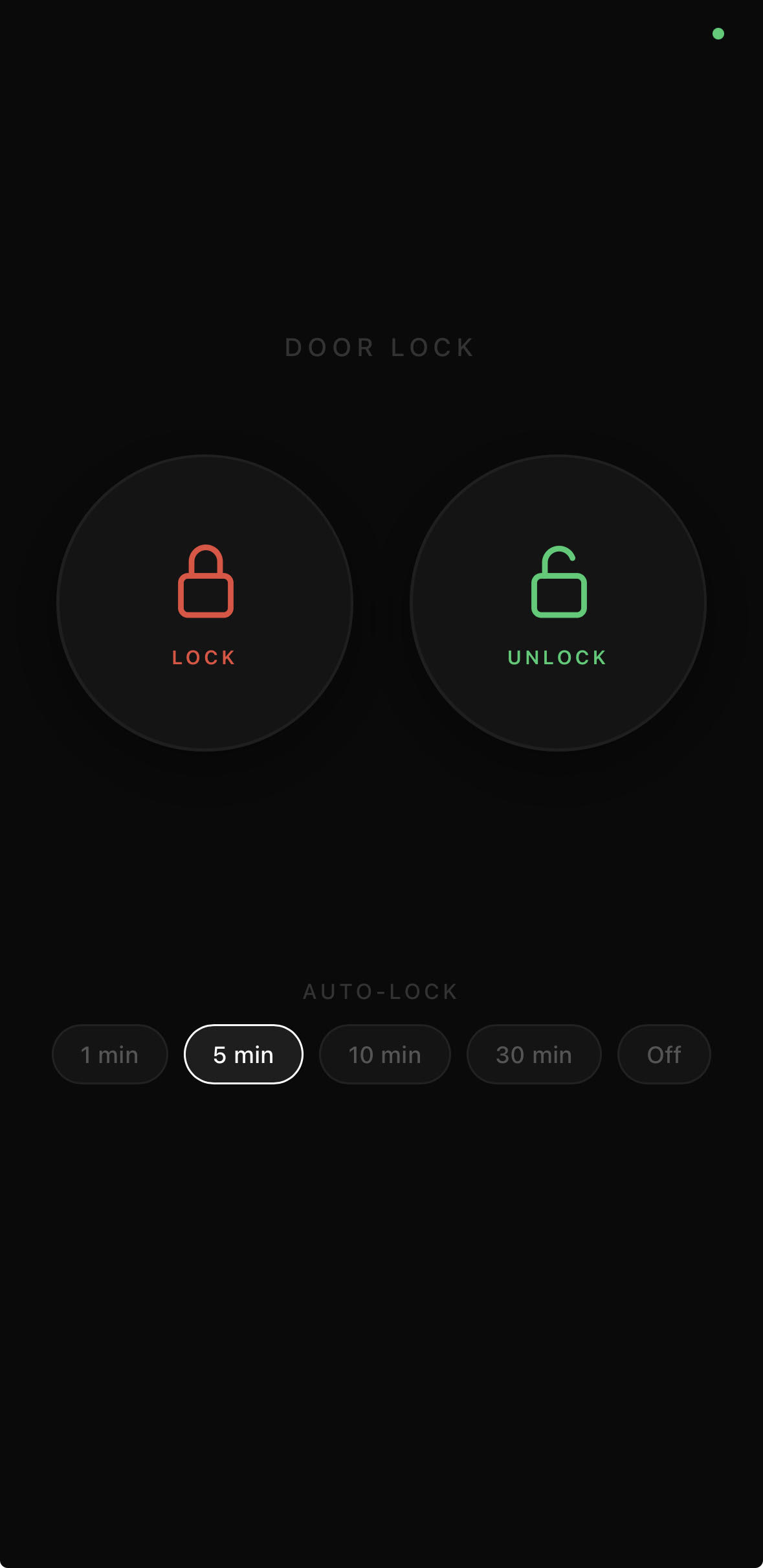 Phone screenshot of the door-lock control app — large LOCK and UNLOCK circular buttons, an AUTO-LOCK segmented control with 1, 5, 10, 30 min and Off, and a small green connection indicator in the top-right corner.