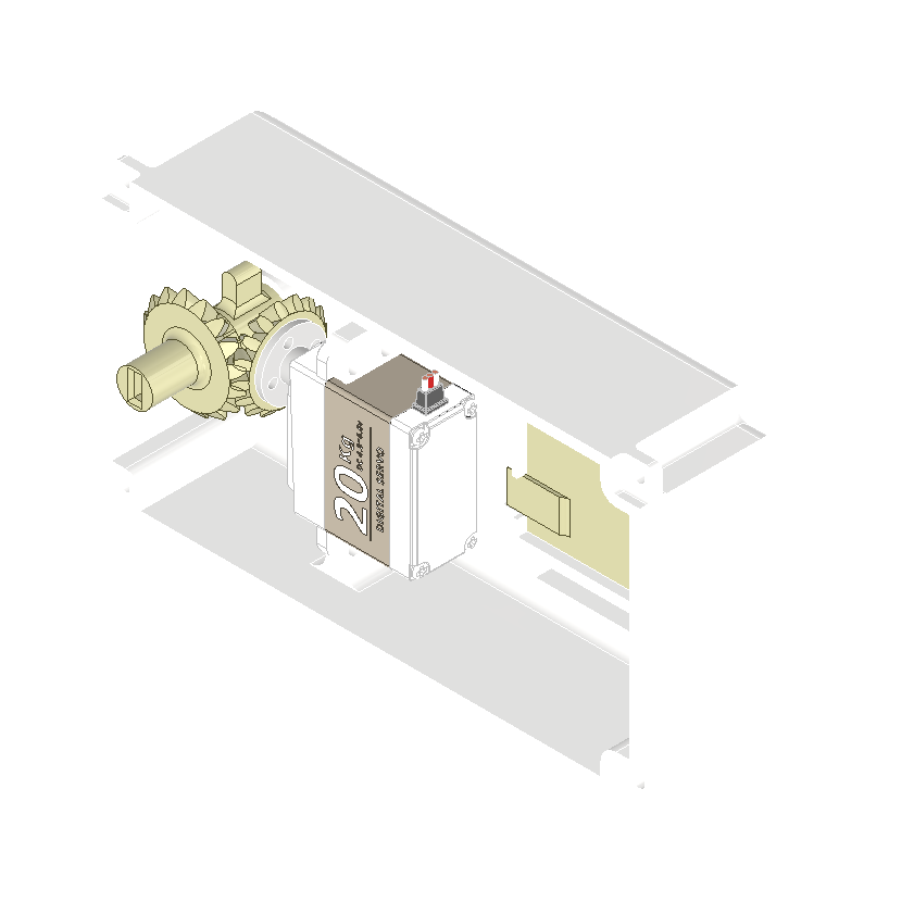 Cutaway view of the same enclosure showing the 20 kg·cm servo driving a bevel-gear pair onto the output shaft, with the PCB cavity to the right.