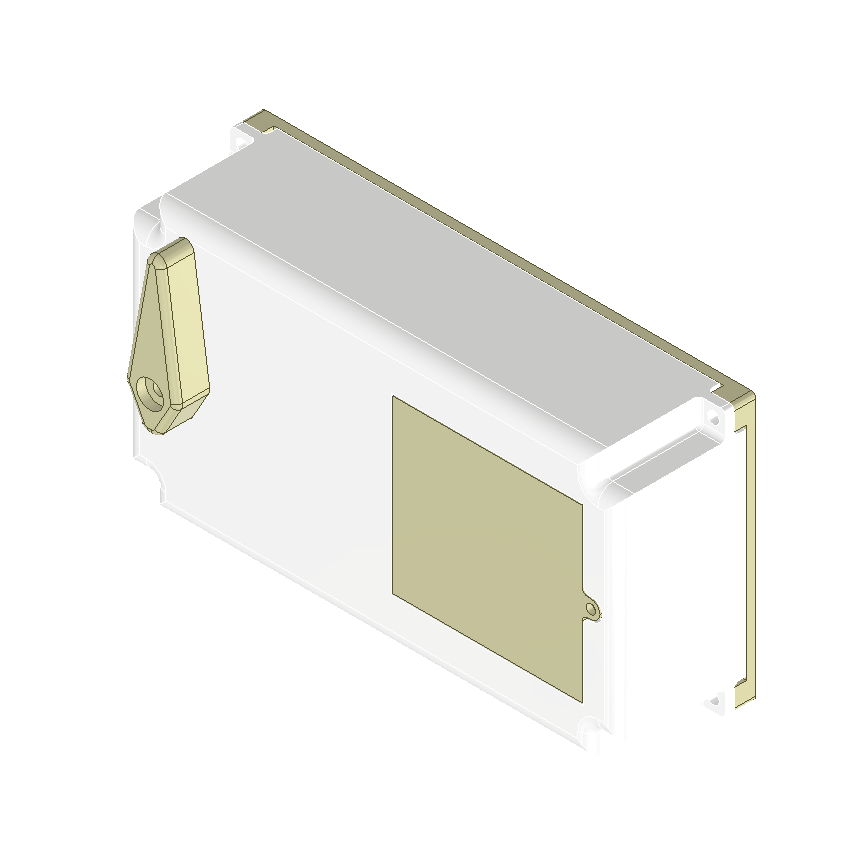 Iso CAD render of the door-unit enclosure — clamshell housing with the lever-arm bevel output on the front face and a recessed PCB window on the side.