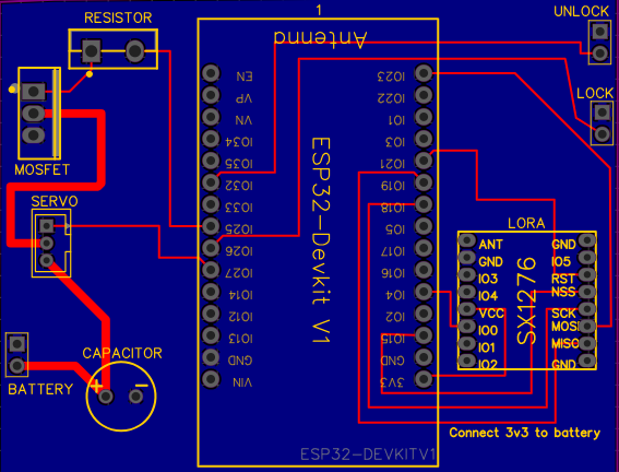 2D PCB layout of the door-unit board — ESP32-Devkit in the center, SX1276 LoRa module on the right, with labeled connectors for the servo, MOSFET gate, battery, capacitor, and the two limit switches (LOCK / UNLOCK).